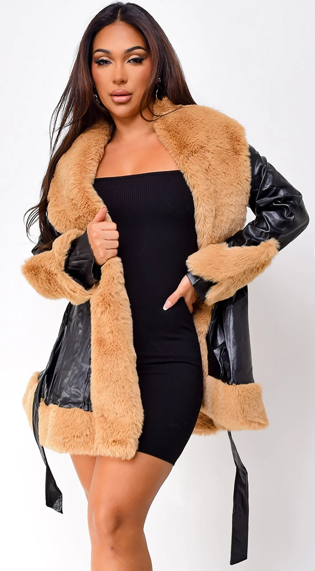 Gabriela Faux Fur Leather Coat - Black