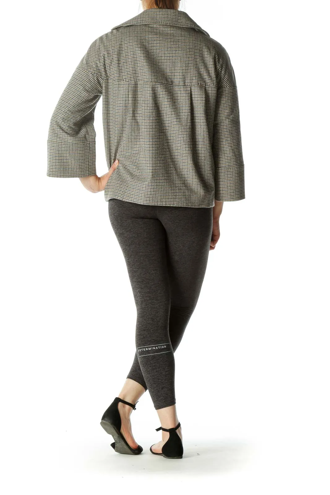 Gray Gingham Bell-Sleeve Button Coat
