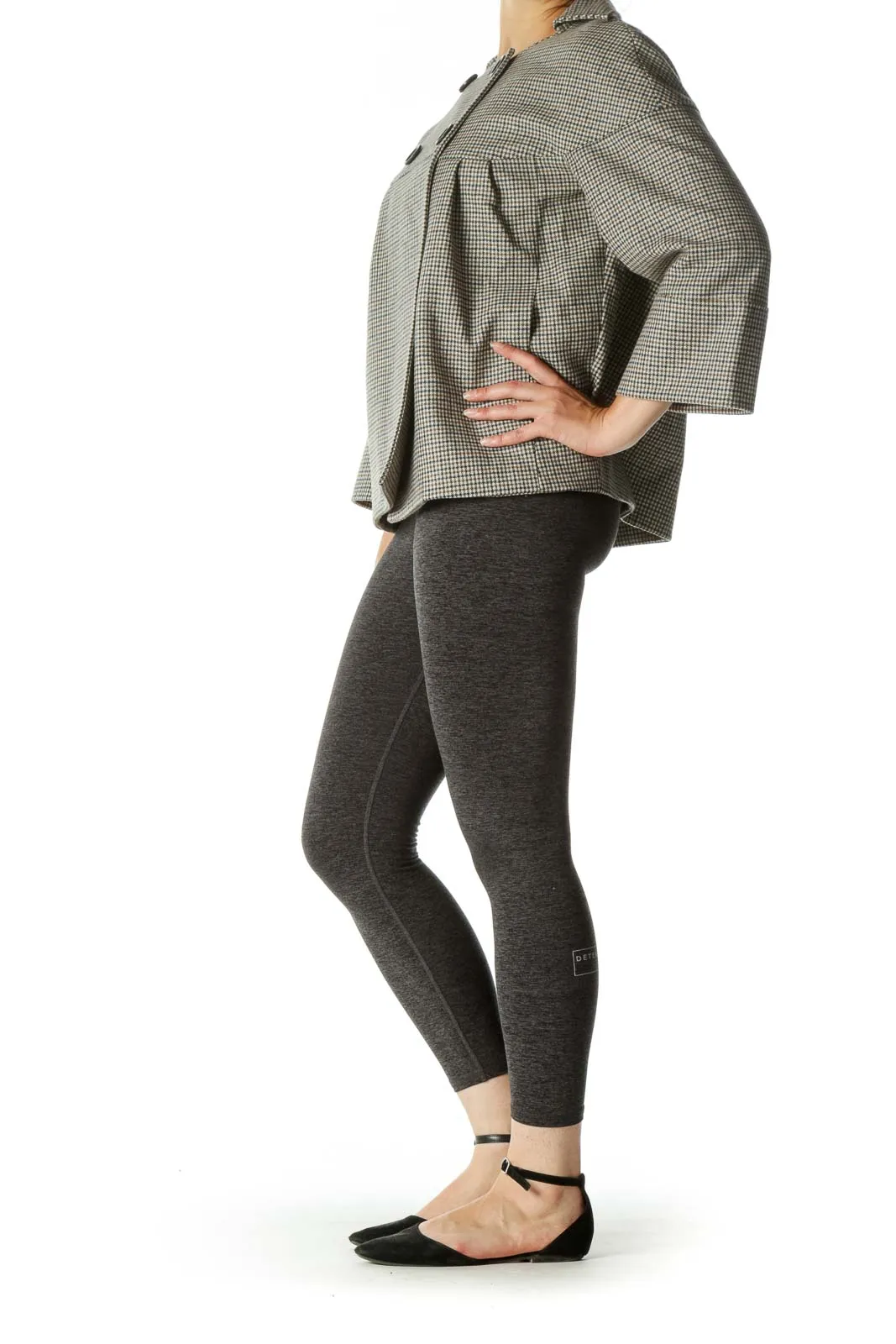 Gray Gingham Bell-Sleeve Button Coat