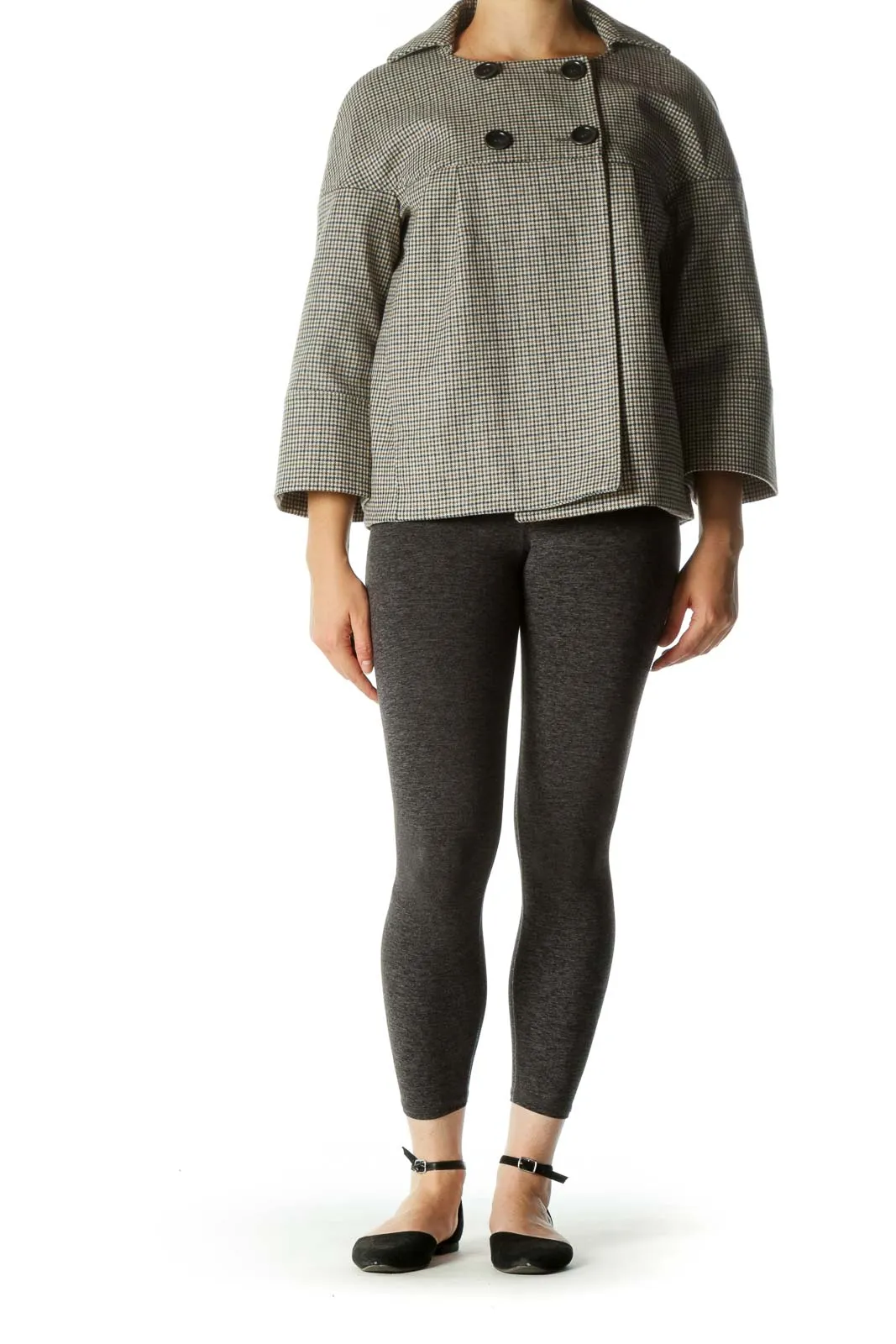 Gray Gingham Bell-Sleeve Button Coat