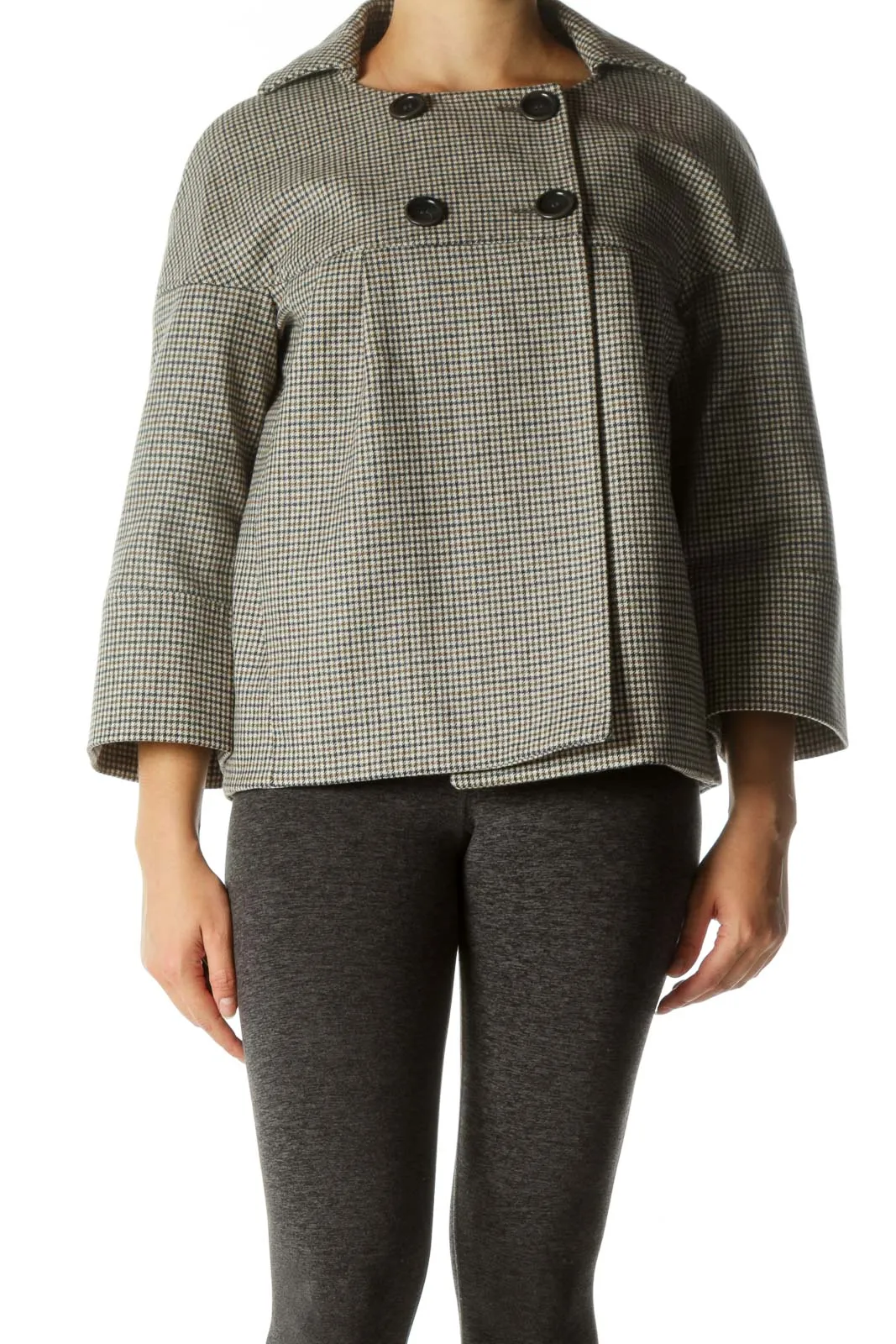 Gray Gingham Bell-Sleeve Button Coat