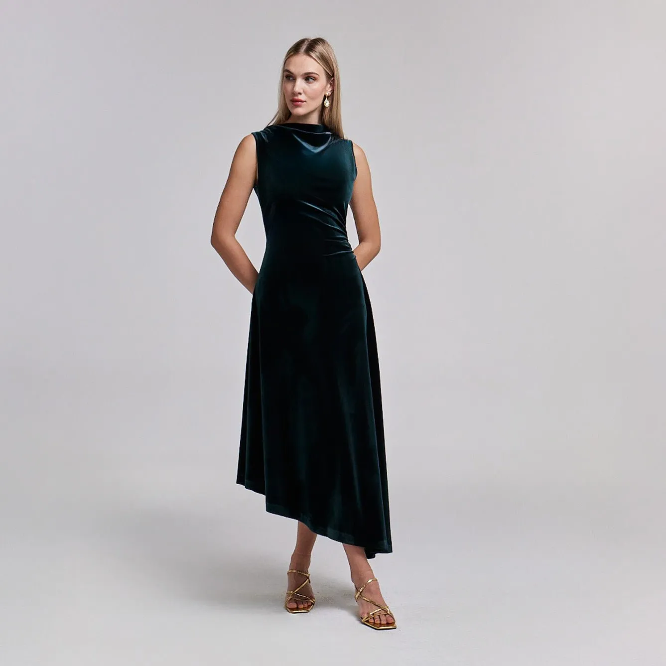 Green Velvet Midi Dress With Asymmetric Skirt