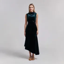 Green Velvet Midi Dress With Asymmetric Skirt