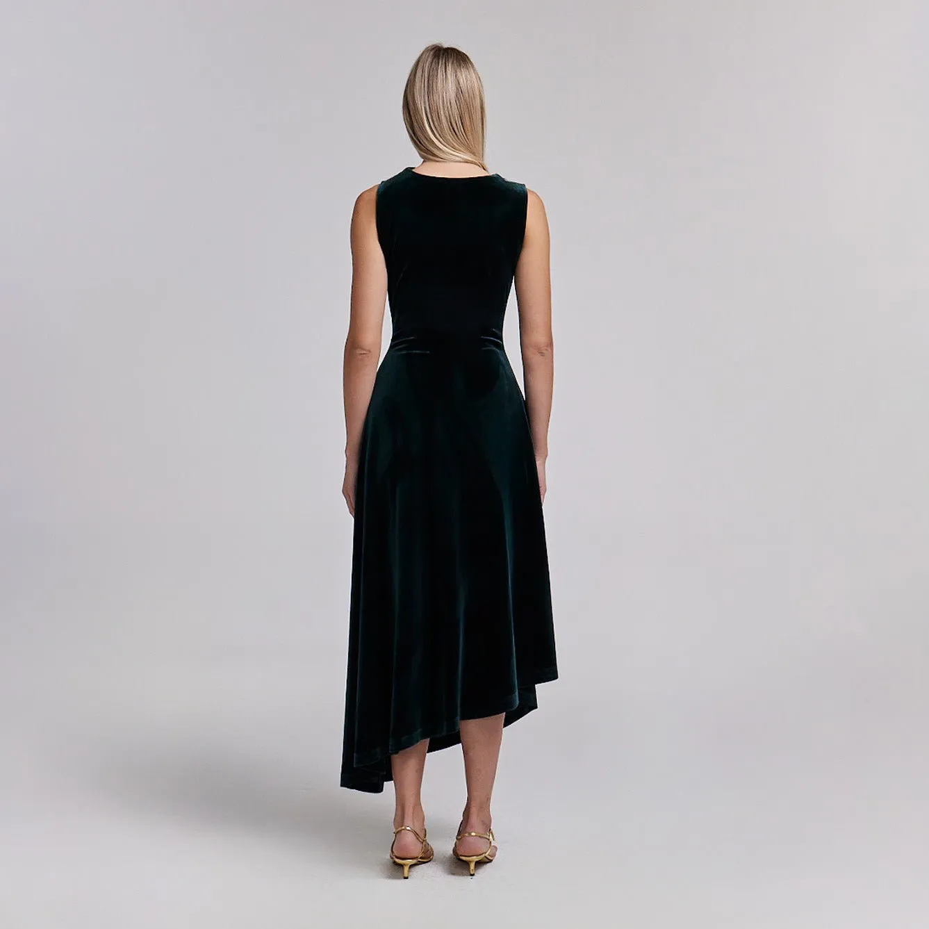 Green Velvet Midi Dress With Asymmetric Skirt