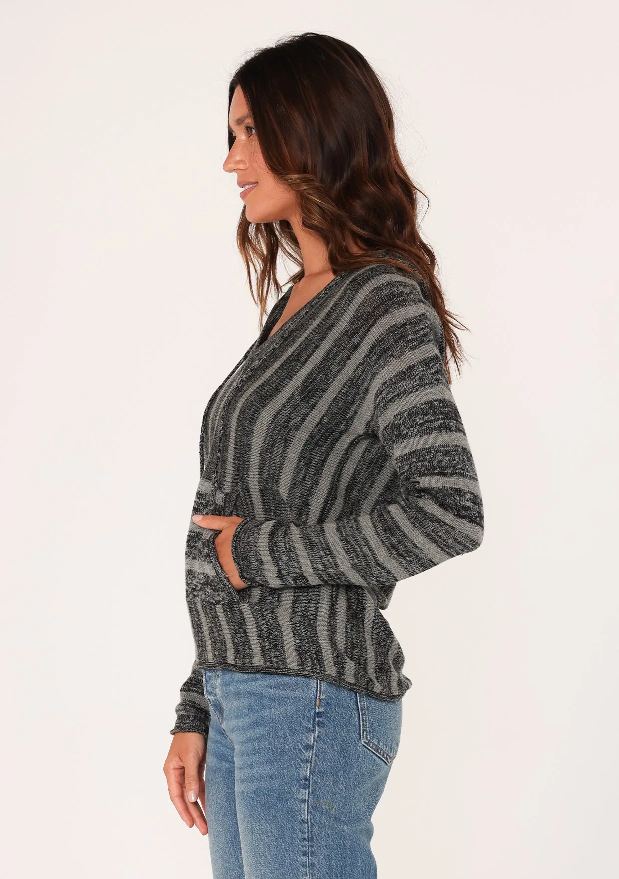 Grey Striped Hooded Pullover Sweater