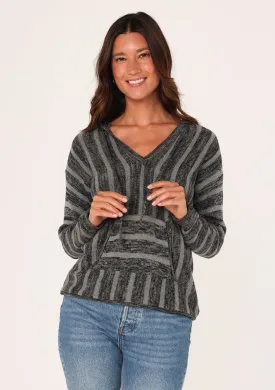 Grey Striped Hooded Pullover Sweater