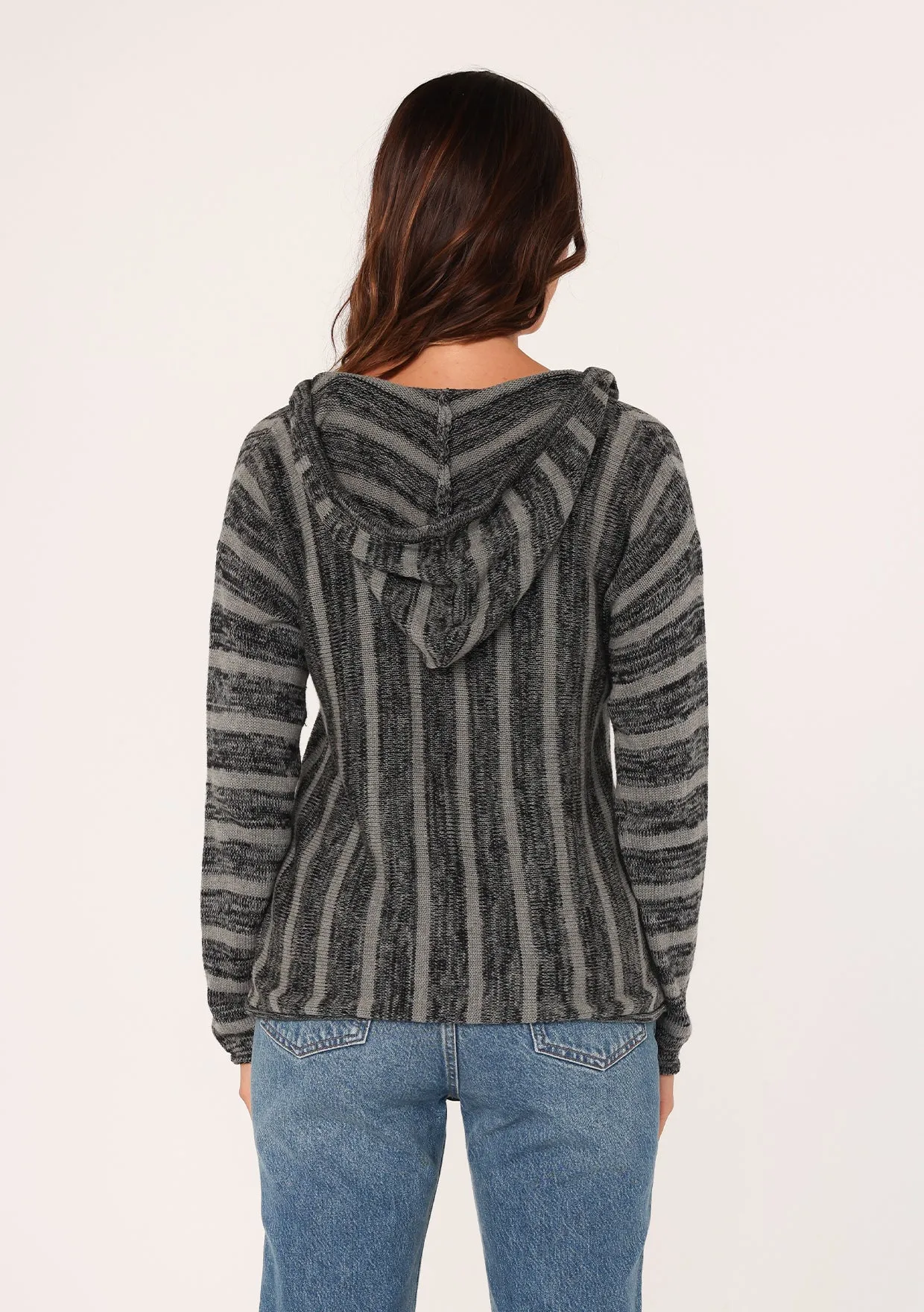 Grey Striped Hooded Pullover Sweater