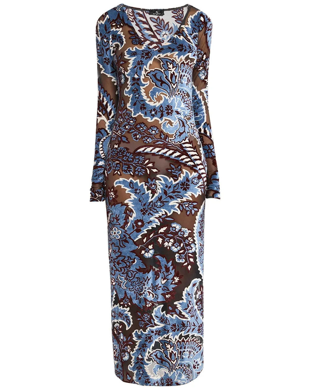Grey Velvet Paisley Long Sleeve Midi Dress