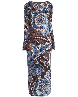 Grey Velvet Paisley Long Sleeve Midi Dress