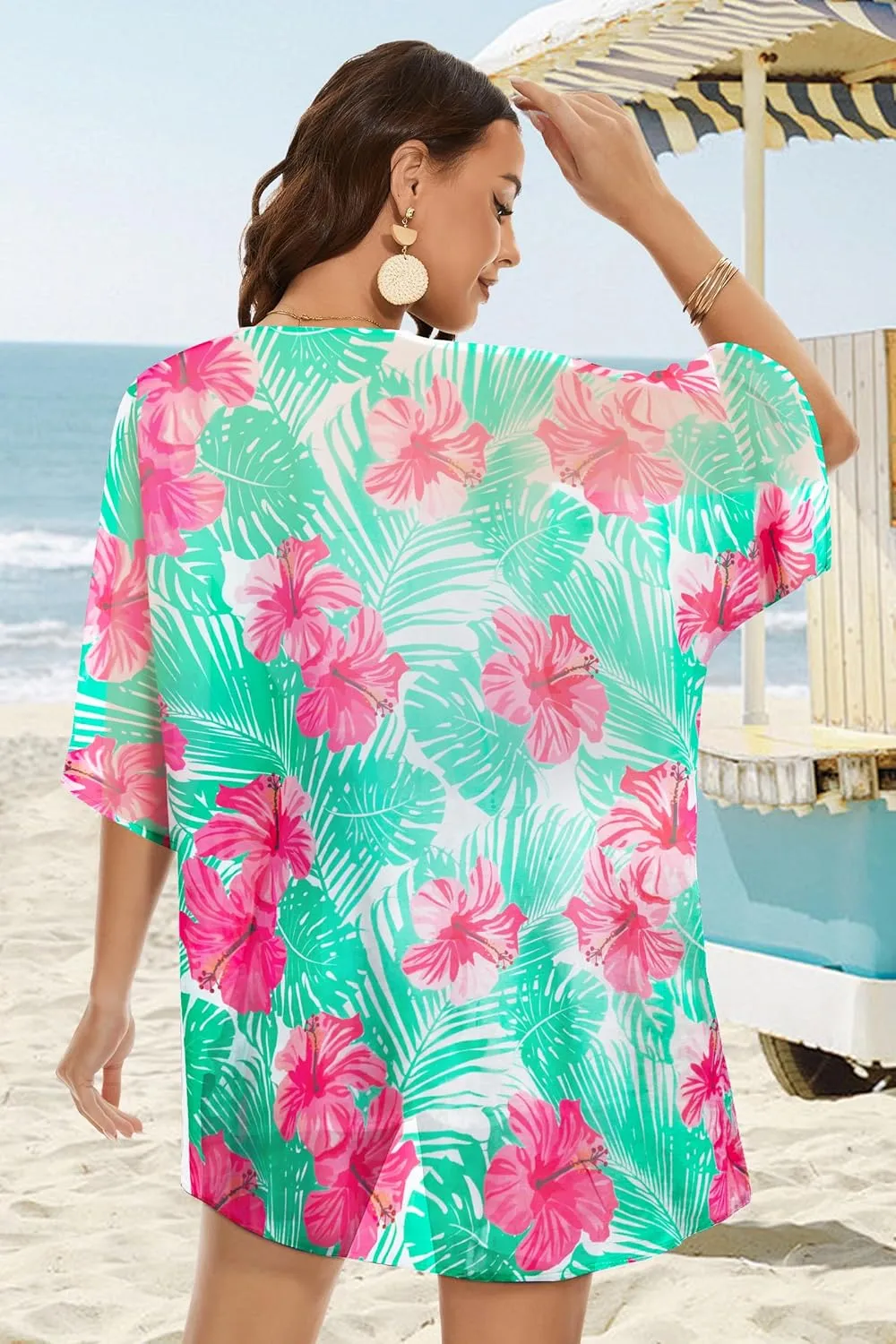 Hawaiian Shirt Kimono Beach Cover Up Chiffon Cardigan Floral Tops Loose Capes Women Summer Beach Tops