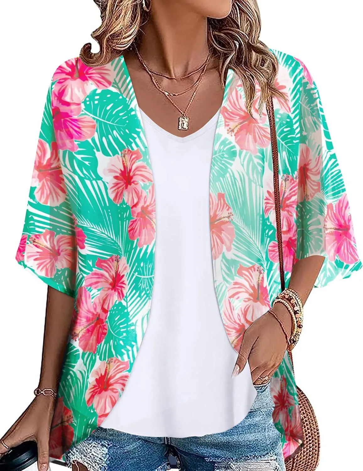 Hawaiian Shirt Kimono Beach Cover Up Chiffon Cardigan Floral Tops Loose Capes Women Summer Beach Tops
