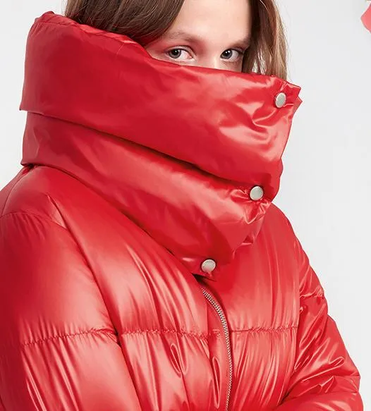 High-Collar Thick Puffer Down Coat, Red