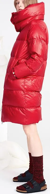 High-Collar Thick Puffer Down Coat, Red
