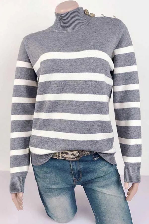 High Neck Striped Button Pullover Sweater