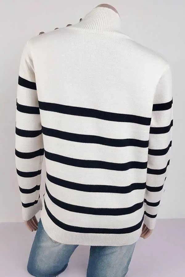 High Neck Striped Button Pullover Sweater