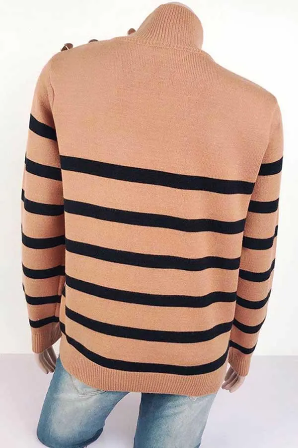 High Neck Striped Button Pullover Sweater