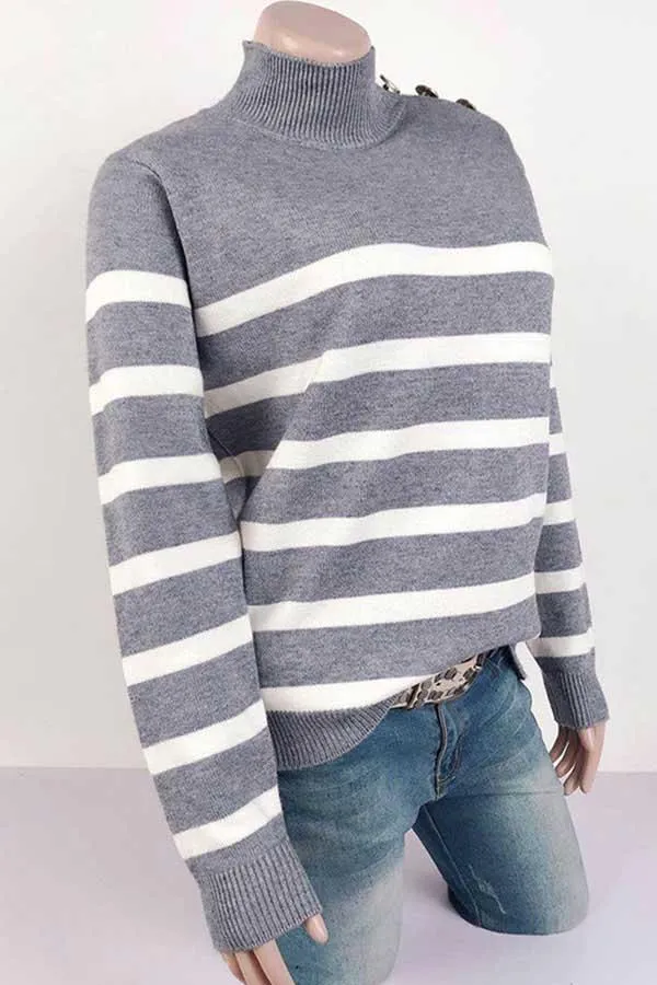High Neck Striped Button Pullover Sweater