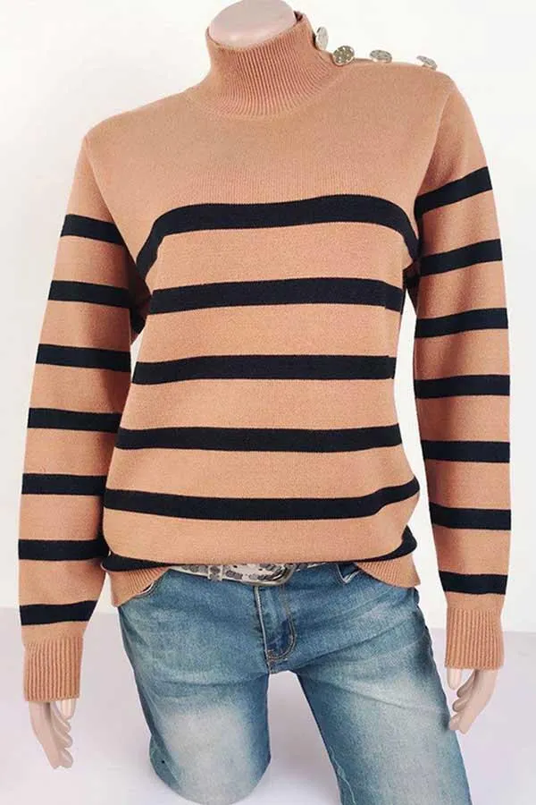 High Neck Striped Button Pullover Sweater
