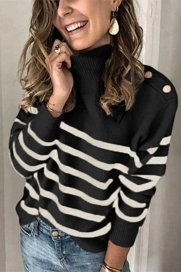 High Neck Striped Button Pullover Sweater