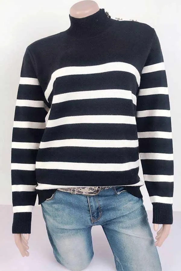 High Neck Striped Button Pullover Sweater