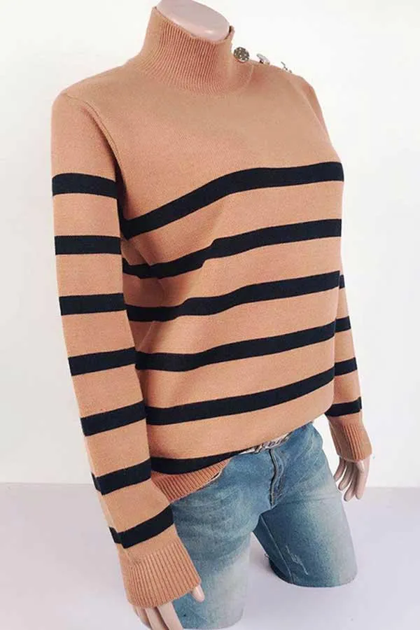 High Neck Striped Button Pullover Sweater