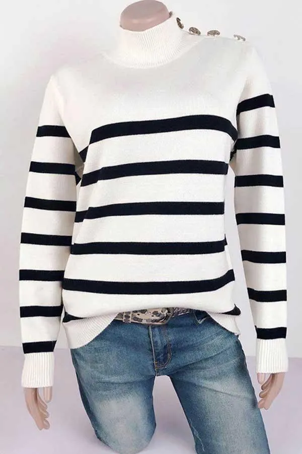 High Neck Striped Button Pullover Sweater