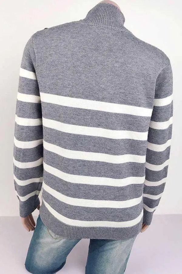 High Neck Striped Button Pullover Sweater