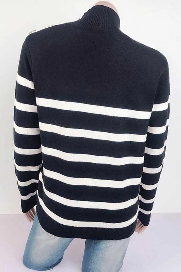 High Neck Striped Button Pullover Sweater