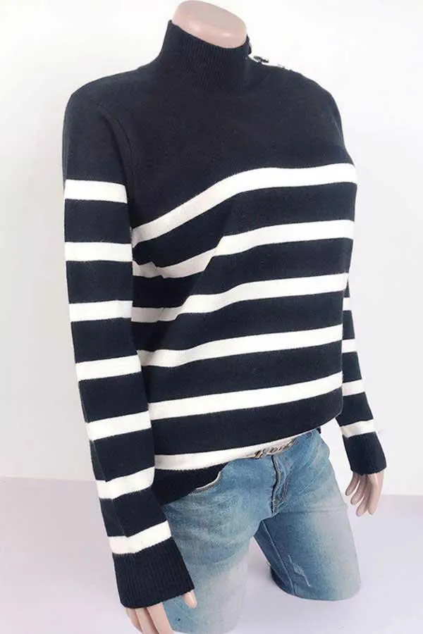 High Neck Striped Button Pullover Sweater