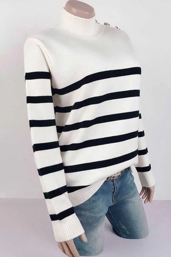 High Neck Striped Button Pullover Sweater