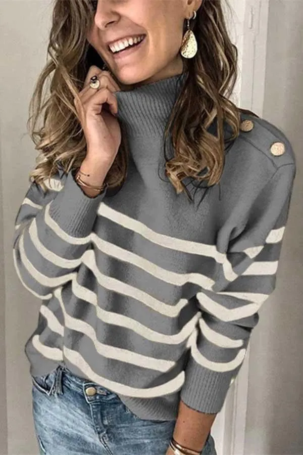 High Neck Striped Button Pullover Sweater
