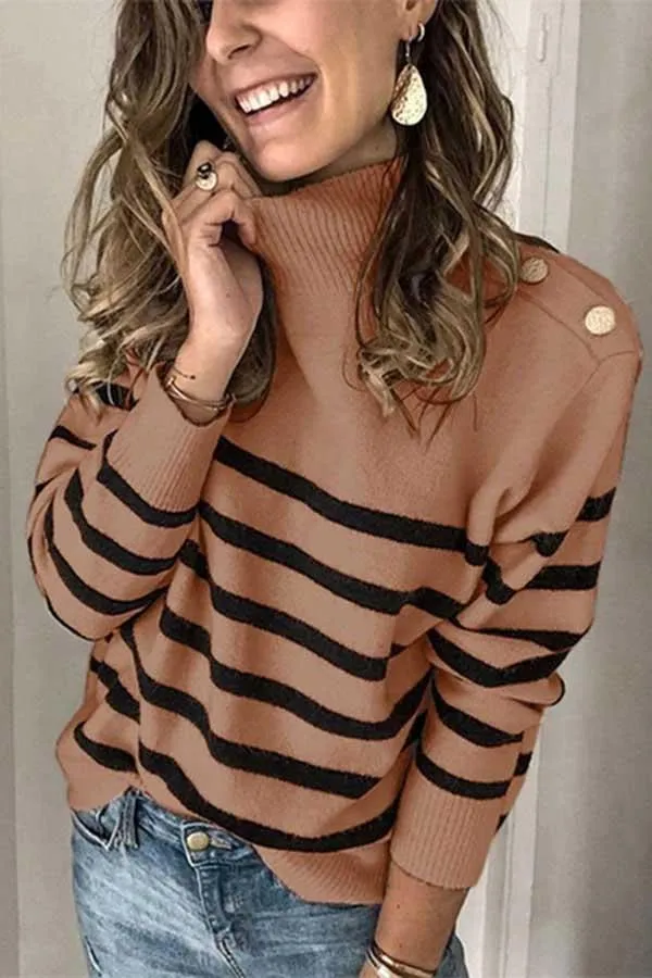 High Neck Striped Button Pullover Sweater