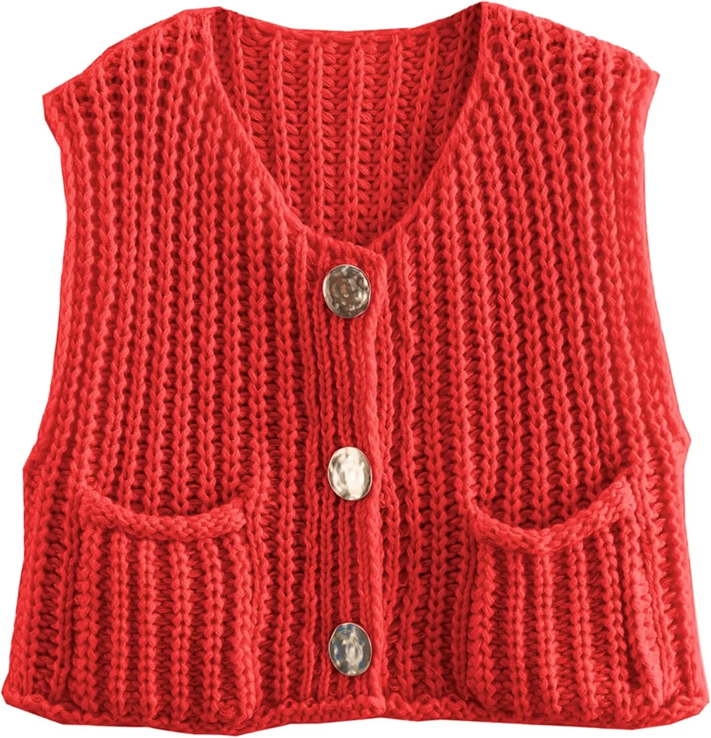 Hixiaohe Womens Crochet Chunky Knit Top Sleeveless Button Down Crop Tops Trendy Cardigan Sweater Vest for Women with Pockets