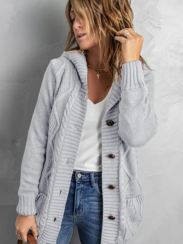 Hooded Mid-Length Jacket with Cable Knit | Faux Fur Cardigan