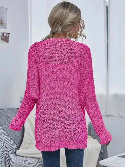 HotPink Knit Open Cardigan With Pockets