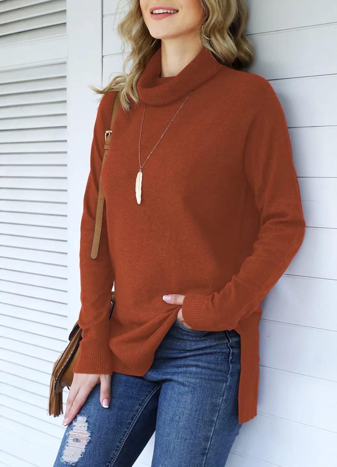 HWOKEFEIYU Women 2024 Fall Trendy Casual Sweater Turtleneck Long Sleeve Sweaters Pullover