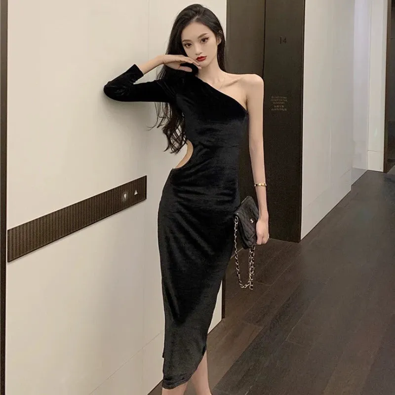 Internet Celebrity Sexy Push-up Gold Velvet Cut Out Midi Dress