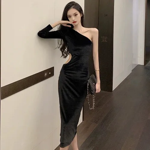 Internet Celebrity Sexy Push-up Gold Velvet Cut Out Midi Dress