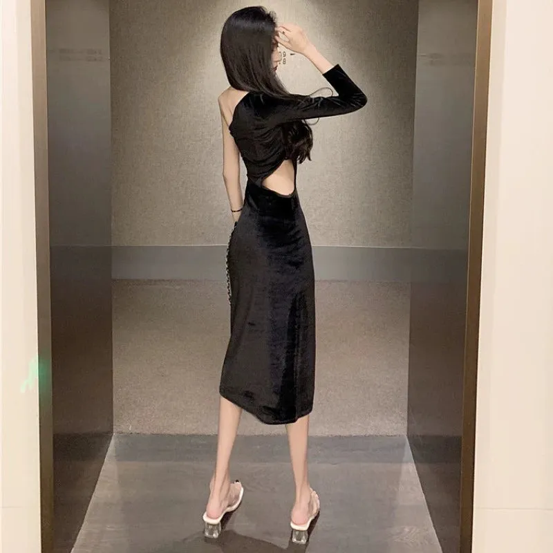Internet Celebrity Sexy Push-up Gold Velvet Cut Out Midi Dress