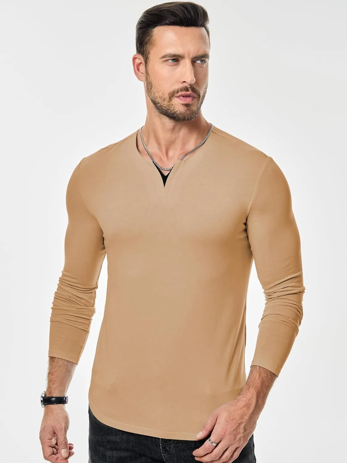 JMIERR Mens Casual Muscle T Shirt Long Sleeve V-Neck Longline Soft Tee Shirt