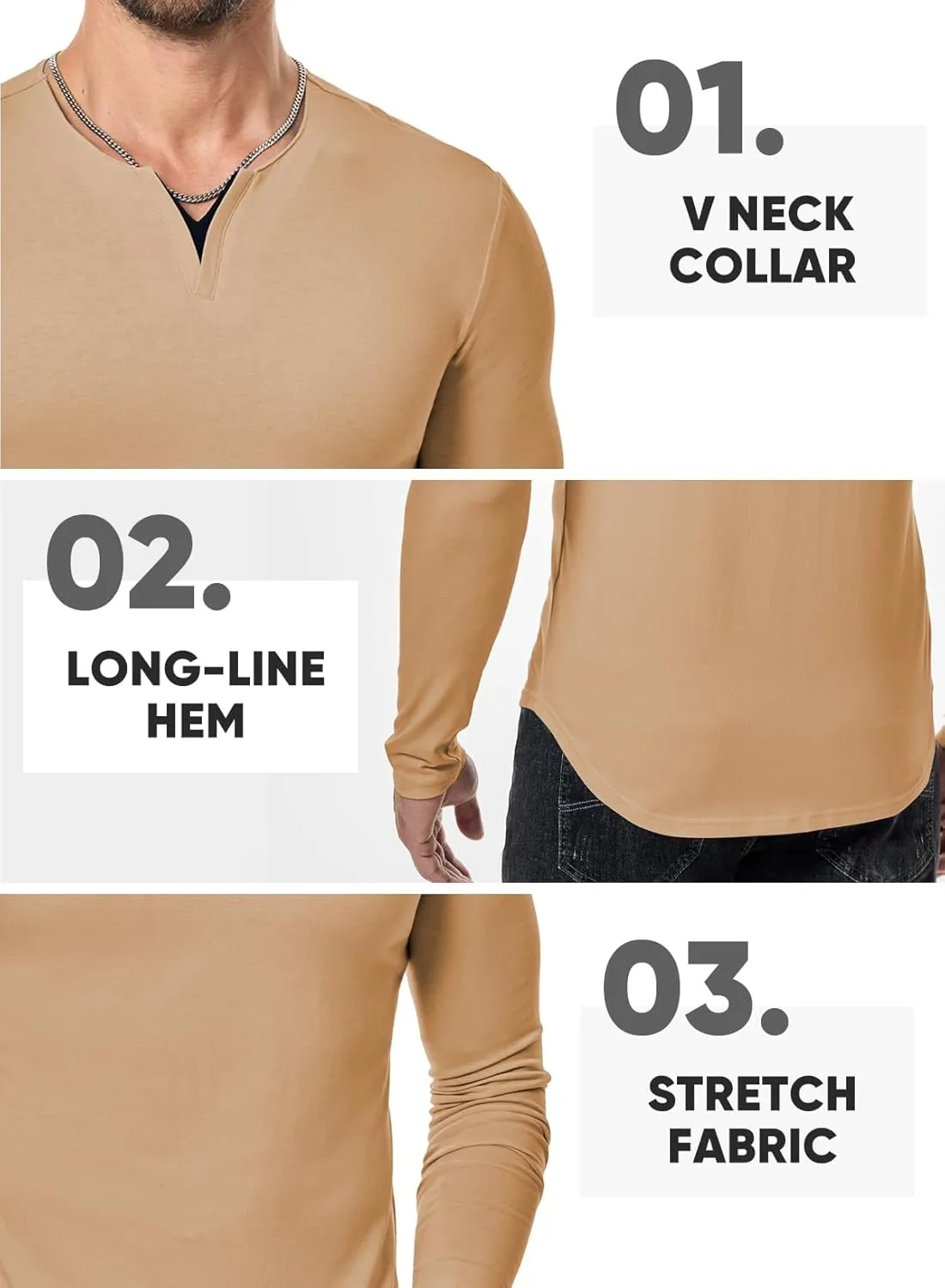 JMIERR Mens Casual Muscle T Shirt Long Sleeve V-Neck Longline Soft Tee Shirt