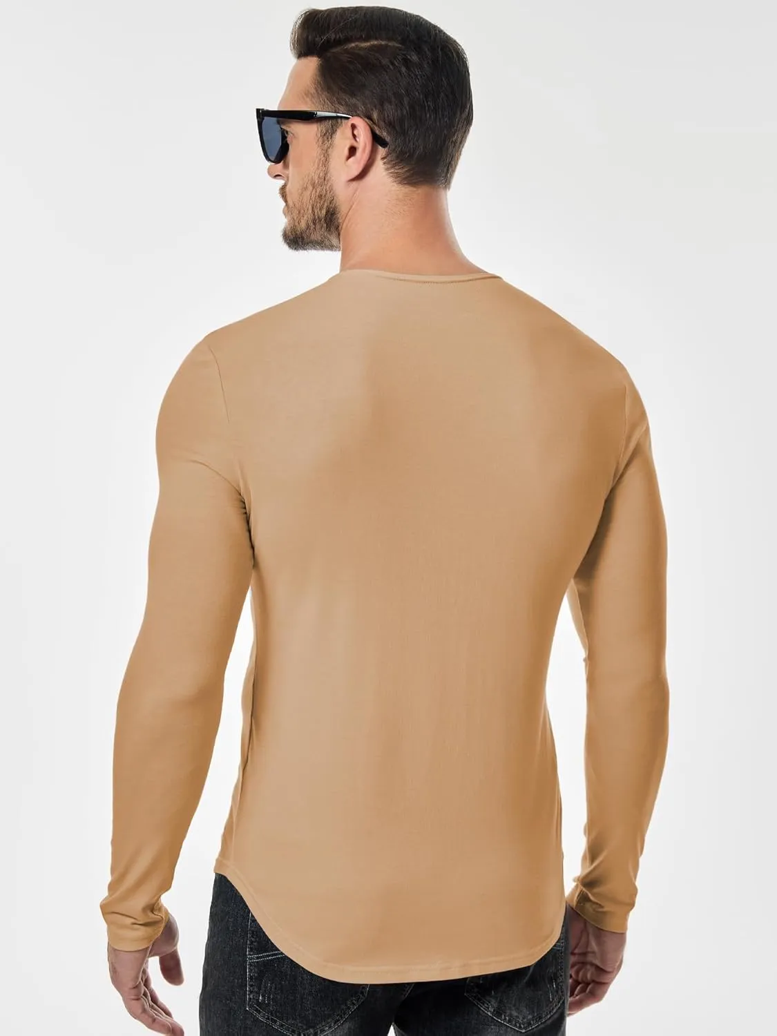 JMIERR Mens Casual Muscle T Shirt Long Sleeve V-Neck Longline Soft Tee Shirt