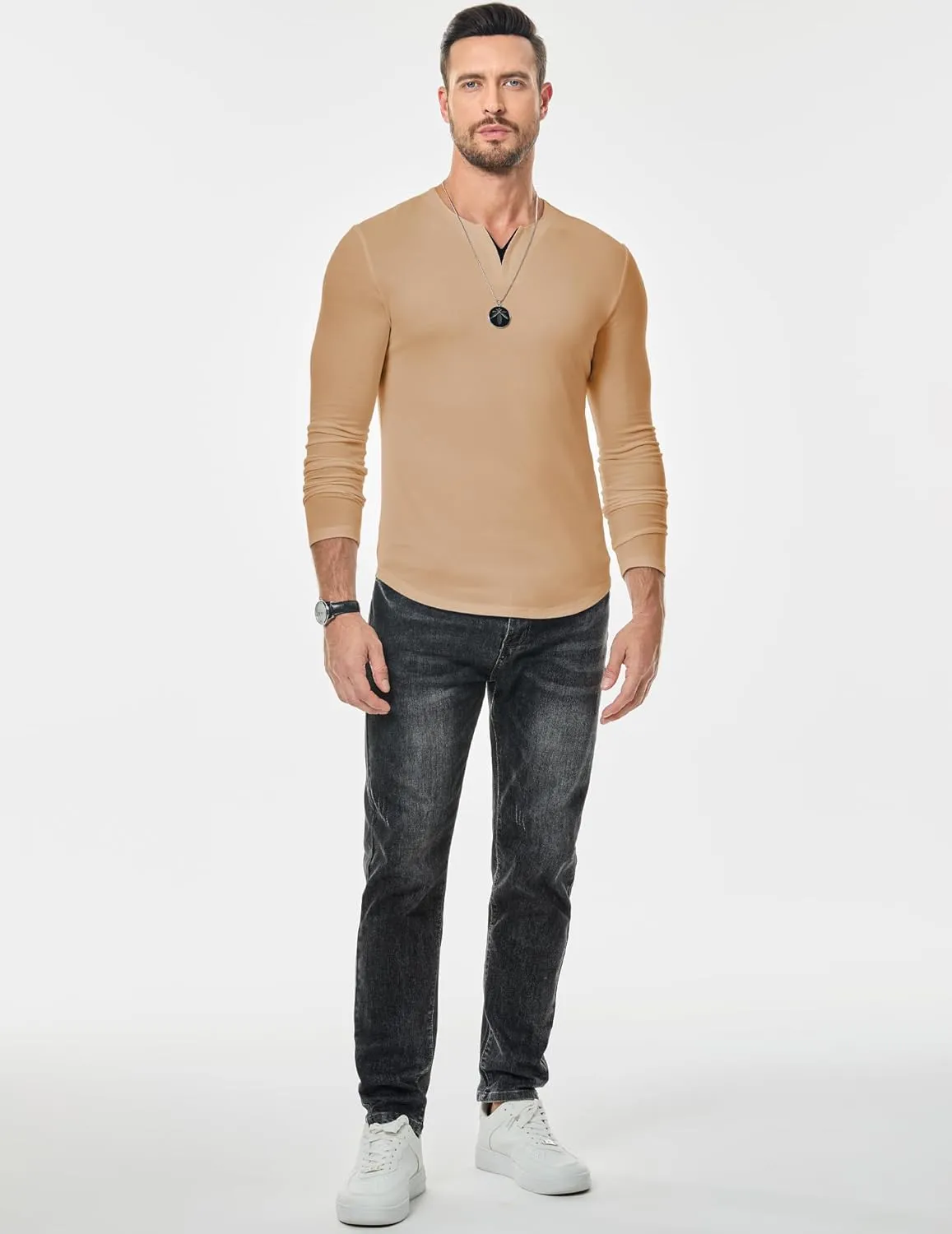 JMIERR Mens Casual Muscle T Shirt Long Sleeve V-Neck Longline Soft Tee Shirt