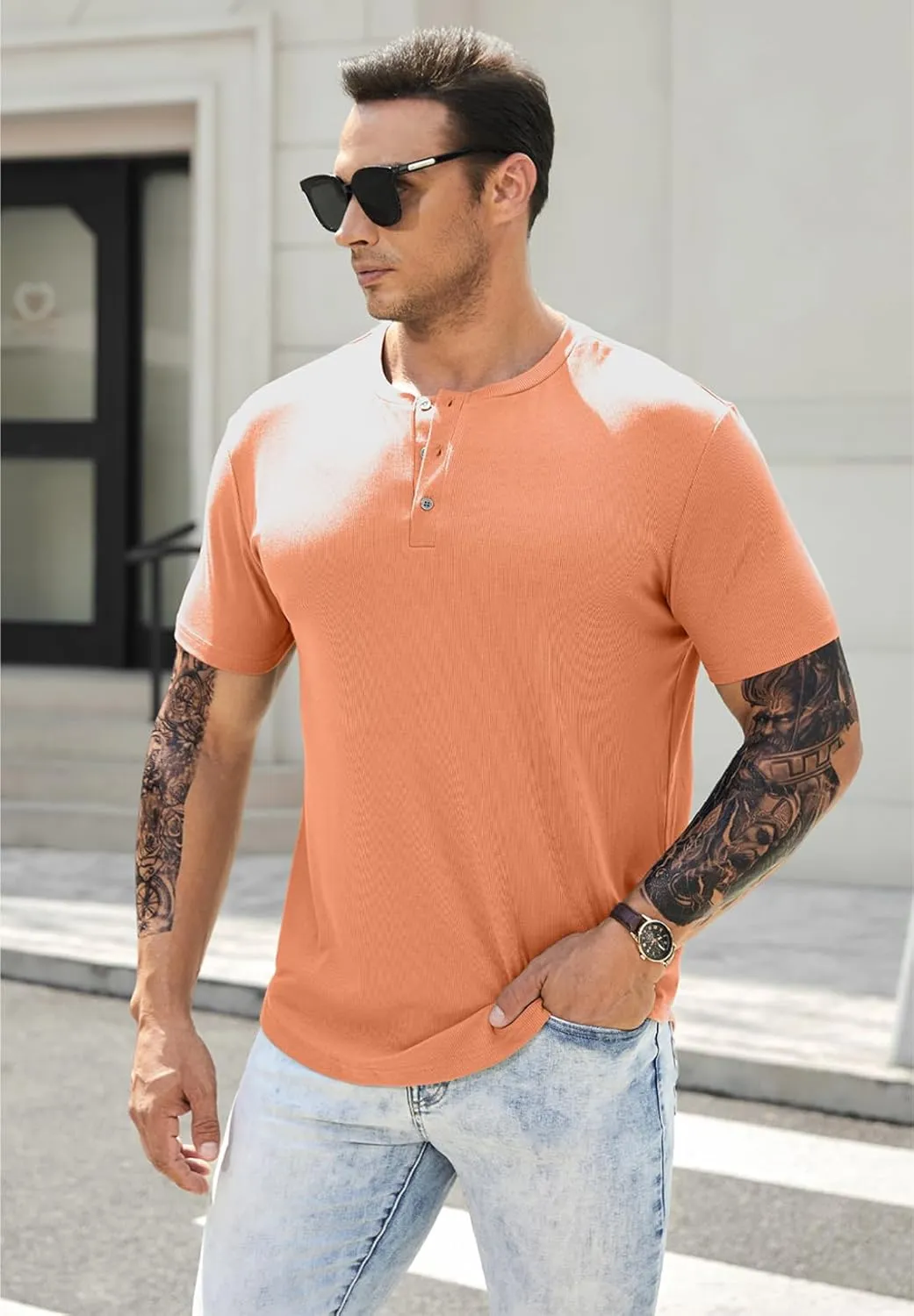 JMIERR Men's Muscle Slim Henley Shirts Crewneck Longline T-Shirt Gym Workout Athletic Shirt Tees with Button