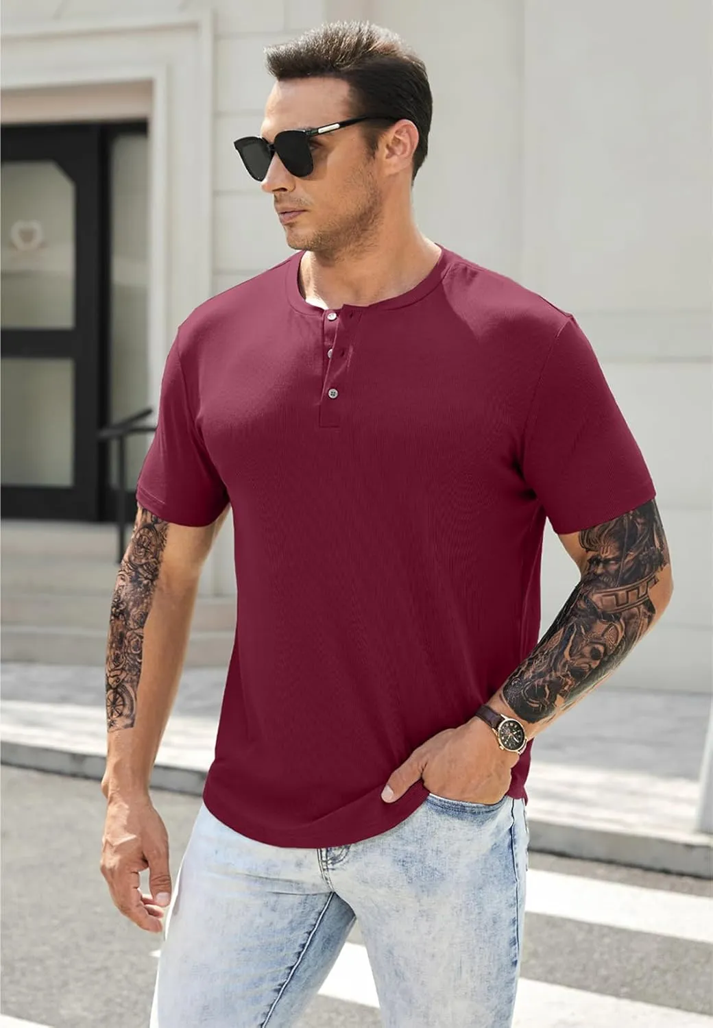 JMIERR Men's Muscle Slim Henley Shirts Crewneck Longline T-Shirt Gym Workout Athletic Shirt Tees with Button