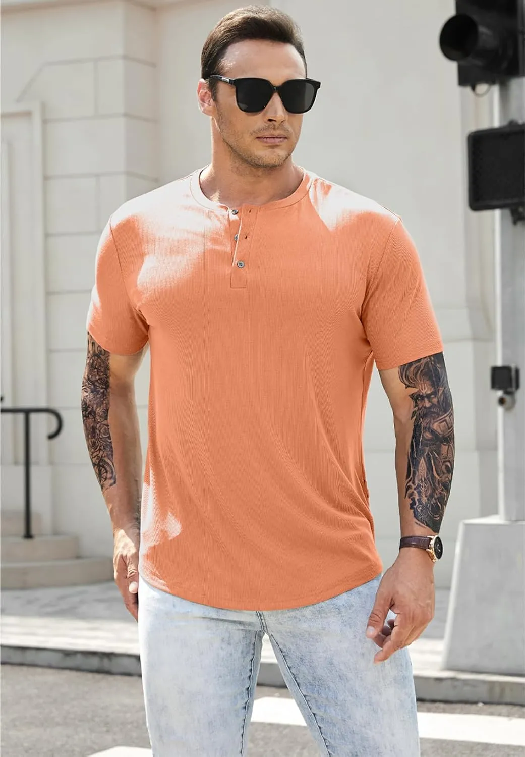 JMIERR Men's Muscle Slim Henley Shirts Crewneck Longline T-Shirt Gym Workout Athletic Shirt Tees with Button