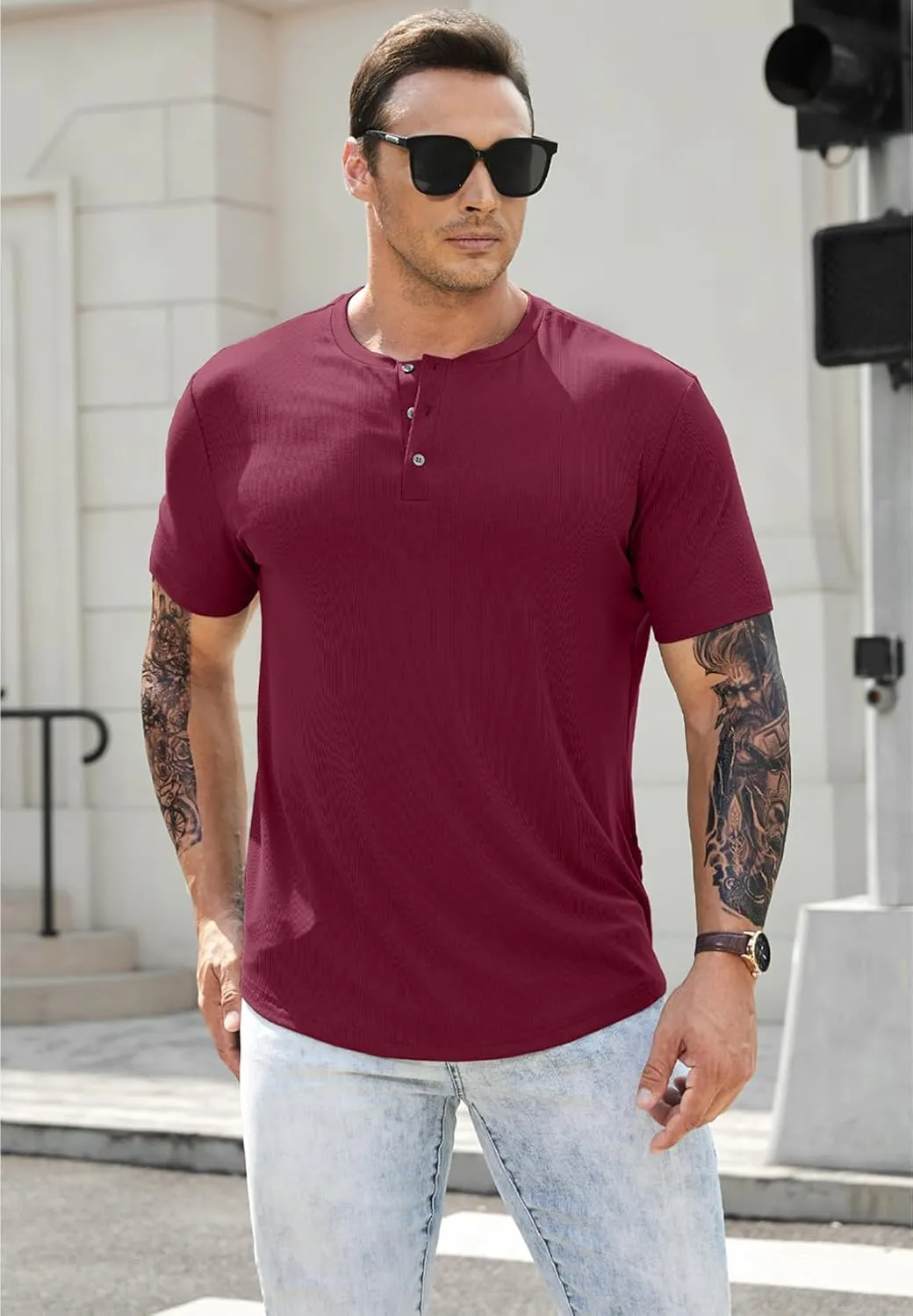 JMIERR Men's Muscle Slim Henley Shirts Crewneck Longline T-Shirt Gym Workout Athletic Shirt Tees with Button