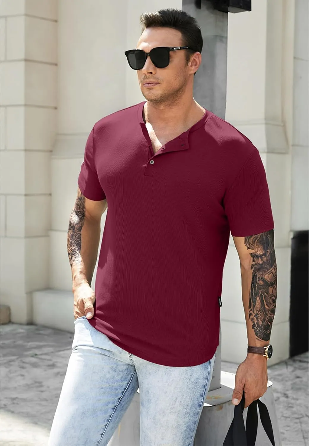 JMIERR Men's Muscle Slim Henley Shirts Crewneck Longline T-Shirt Gym Workout Athletic Shirt Tees with Button