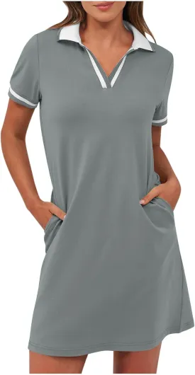 JOAU Women's Polo Dresses Color Block Short Sleeve V Neck 2025 Casual Summer Tennis Golf Mini T-Shirt Dress with Pockets