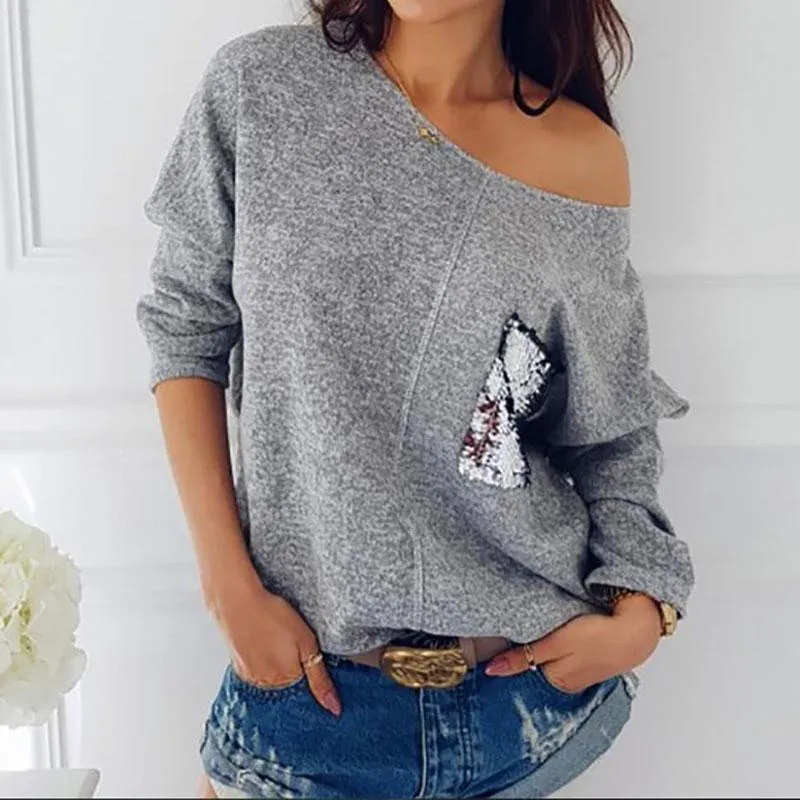 Knitted Sequined Slash Neck Pullover